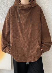 Simple Coffee Hooded Pockets Corduroy Men Sweatshirt Fall