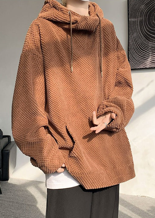 Simple Coffee Hooded Pockets Corduroy Men Sweatshirt Fall