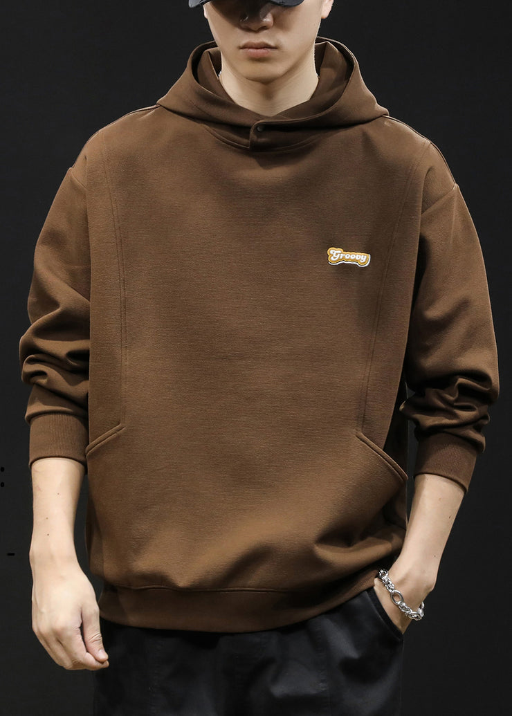 Simple Coffee Hooded Solid Warm Fleece Men Sweatshirt Winter