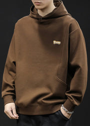 Simple Coffee Hooded Solid Warm Fleece Men Sweatshirt Winter