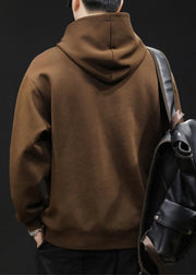 Simple Coffee Hooded Solid Warm Fleece Men Sweatshirt Winter