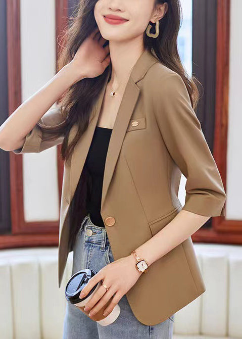 Simple Coffee Notched Spandex Jacket Half Sleeve