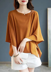 Simple Coffee O-Neck Asymmetrical Chiffon T Shirts Summer