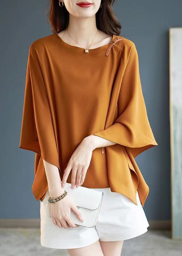 Simple Coffee O-Neck Asymmetrical Chiffon T Shirts Summer