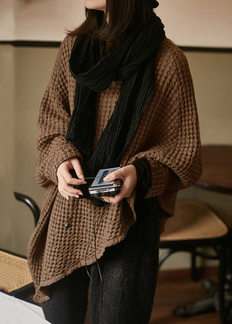 Simple Coffee O-Neck Asymmetrical Linen Top Long Sleeve