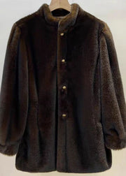 Simple Coffee O-Neck Button Thick Fuzzy Fur Coat Long Sleeve