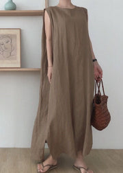 Simple Coffee O Neck Patchwork Cotton Maxi Dress Sleeveless