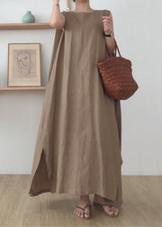 Simple Coffee O Neck Patchwork Cotton Maxi Dress Sleeveless