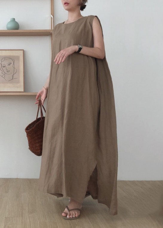 Simple Coffee O Neck Patchwork Cotton Maxi Dress Sleeveless