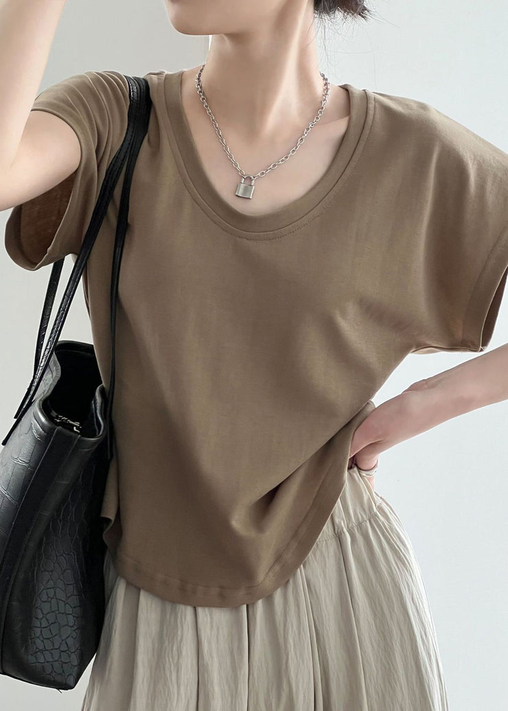 Simple Coffee O Neck Solid Cotton T Shirt Summer