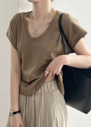 Simple Coffee O Neck Solid Cotton T Shirt Summer