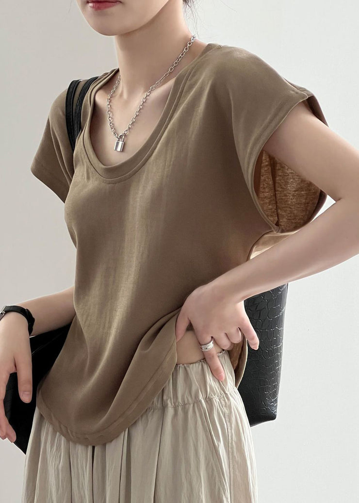 Simple Coffee O Neck Solid Cotton T Shirt Summer