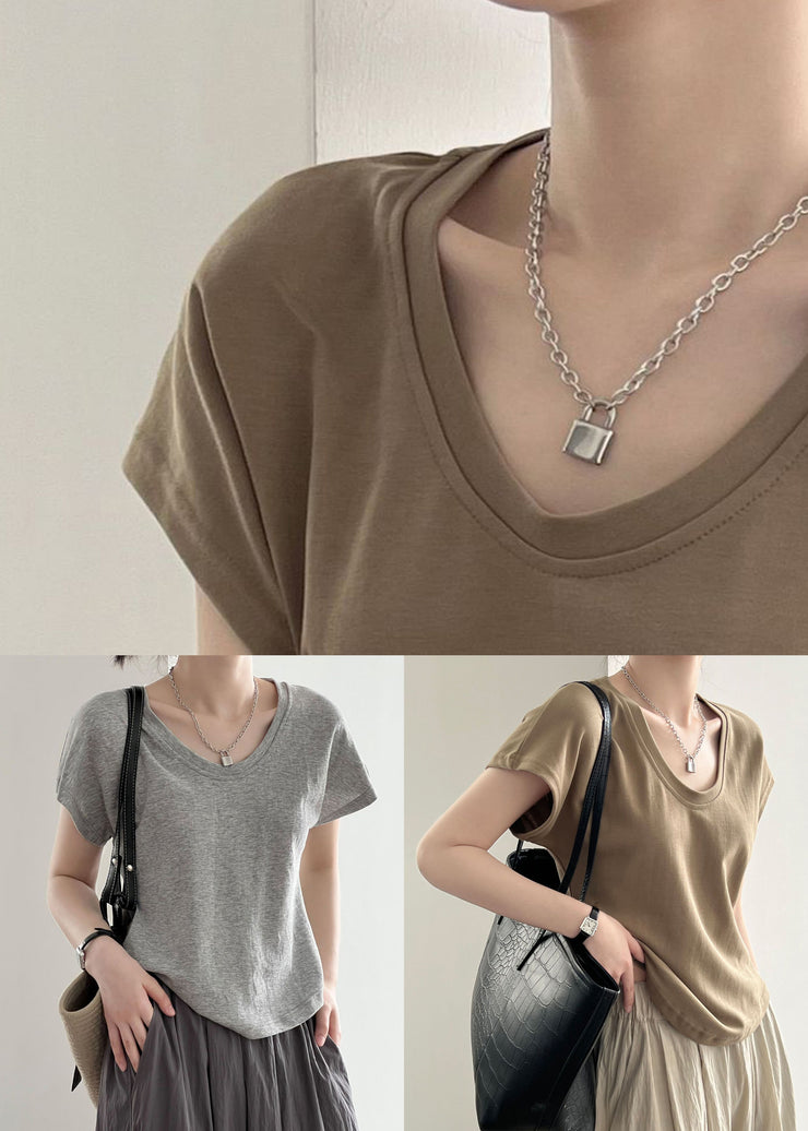 Simple Coffee O Neck Solid Cotton T Shirt Summer