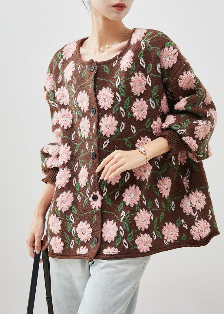 Simple Coffee Oversized Floral Jacquard Knit Cardigan Winter