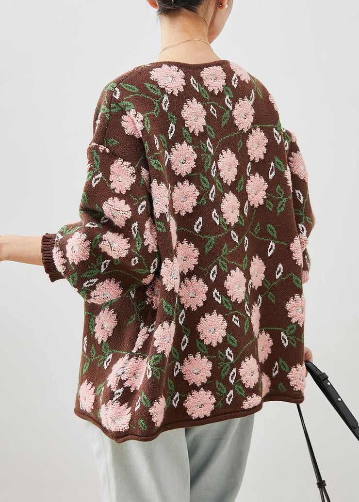 Simple Coffee Oversized Floral Jacquard Knit Cardigan Winter