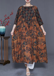 Simple Coffee Oversized Patchwork Exra Large Hem Silk Long Dress Summer