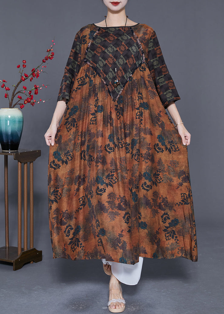 Simple Coffee Oversized Patchwork Exra Large Hem Silk Long Dress Summer