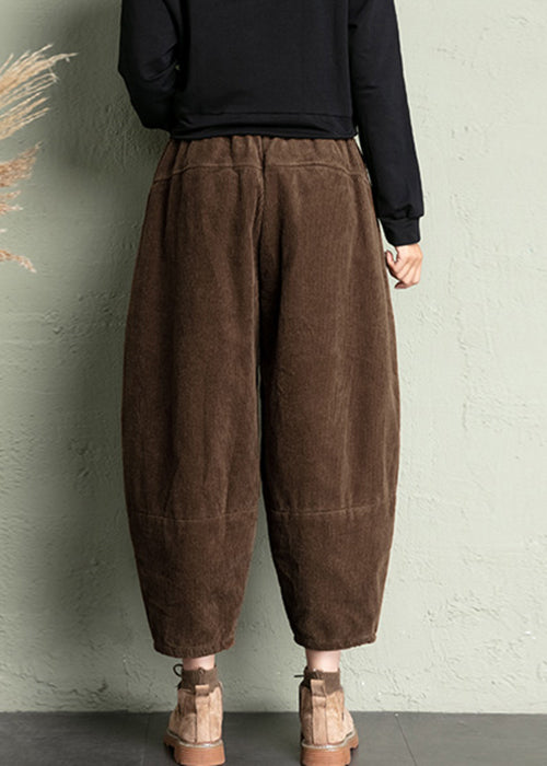 Simple Coffee Pockets Elastic Waist Corduroy Crop Pants Spring