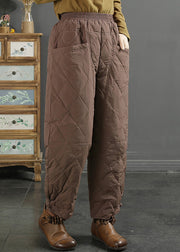 Simple Coffee Pockets Elastic Waist Duck Down Filled Pants Winter