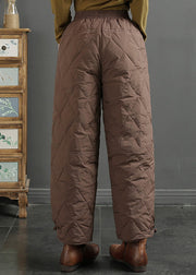 Simple Coffee Pockets Elastic Waist Duck Down Filled Pants Winter