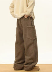 Simple Coffee Pockets Elastic Waist Teddy Faux Fur Men Pants Winter