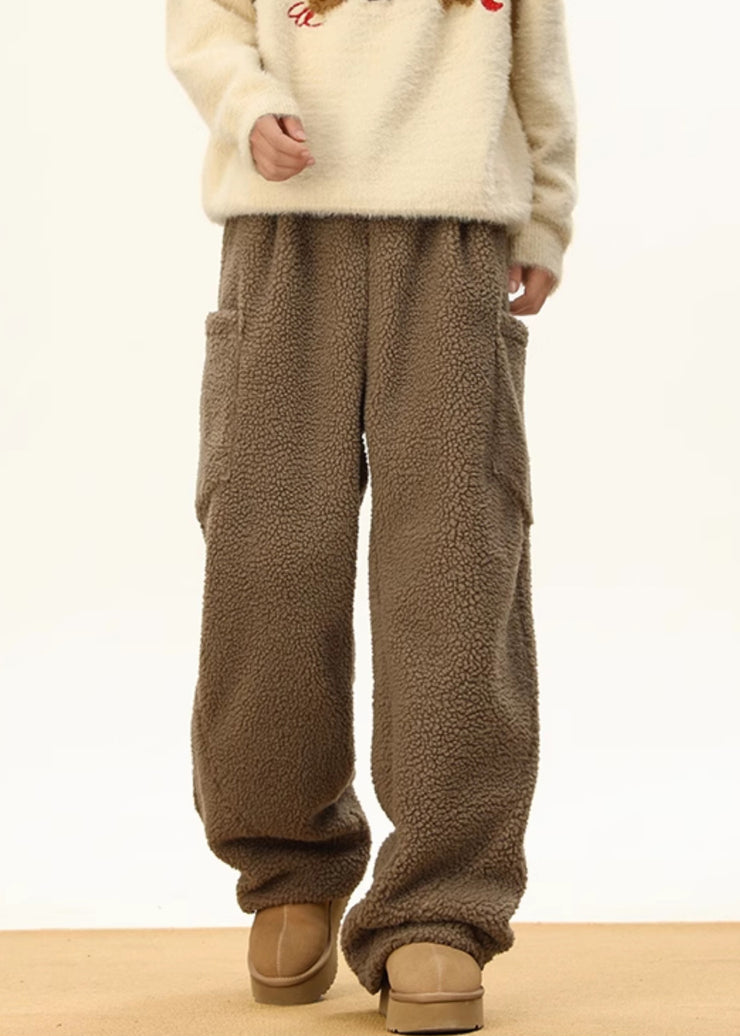 Simple Coffee Pockets Elastic Waist Teddy Faux Fur Men Pants Winter