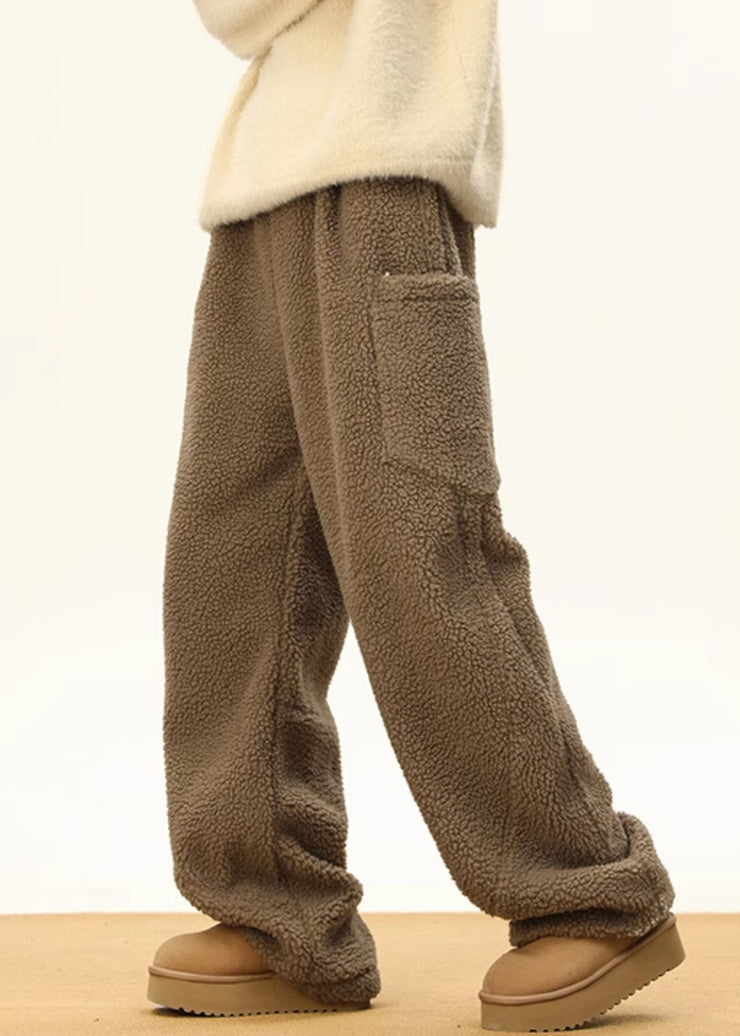 Simple Coffee Pockets Elastic Waist Teddy Faux Fur Men Pants Winter