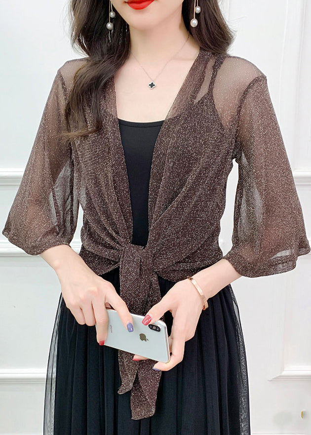 Simple Coffee Solid Bright Silk Tulle Cardigan Summer