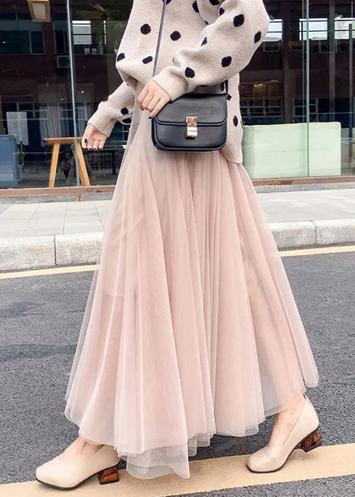 Simple Coffee Solid Elastic Waist Tulle Skirt Spring