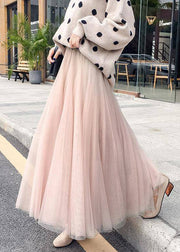 Simple Coffee Solid Elastic Waist Tulle Skirt Spring