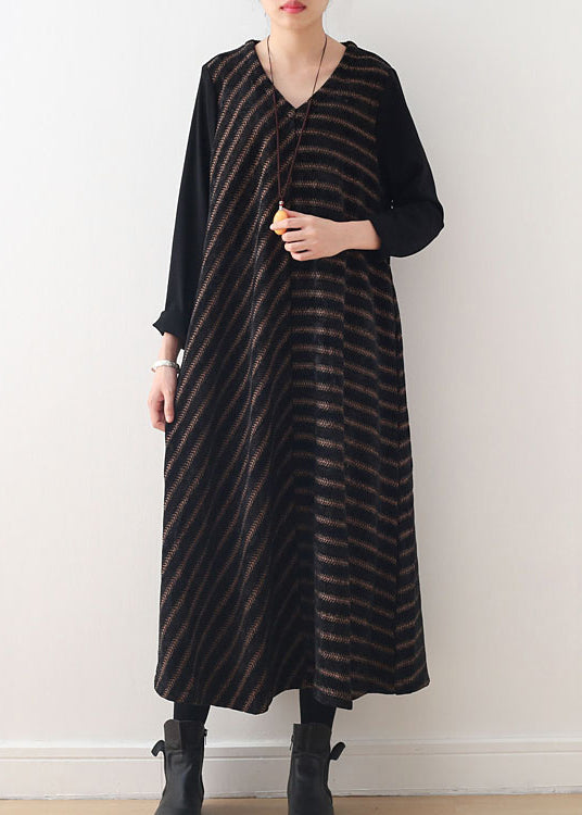 Simple Coffee V Neck Striped Woolen Maxi Dresses Fall