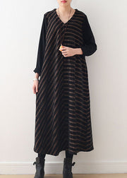 Simple Coffee V Neck Striped Woolen Maxi Dresses Fall