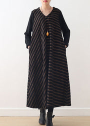 Simple Coffee V Neck Striped Woolen Maxi Dresses Fall