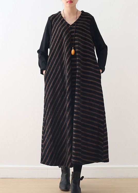 Simple Coffee V Neck Striped Woolen Maxi Dresses Fall