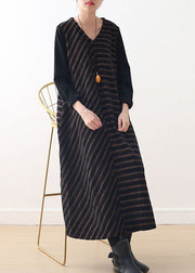 Simple Chocolate V Neck Striped Woolen Maxi Dresses Fall