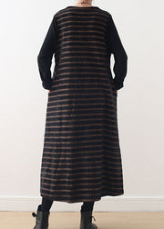 Simple Coffee V Neck Striped Woolen Maxi Dresses Fall