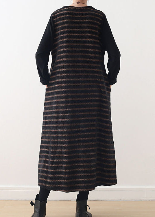 Simple Chocolate V Neck Striped Woolen Maxi Dresses Fall