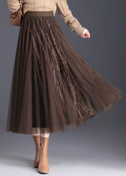 Simple Coffee Wrinkled Elastic Waist Tulle Skirts Spring