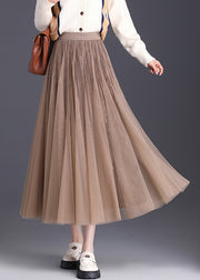 Simple Coffee Wrinkled Elastic Waist Tulle Skirts Spring