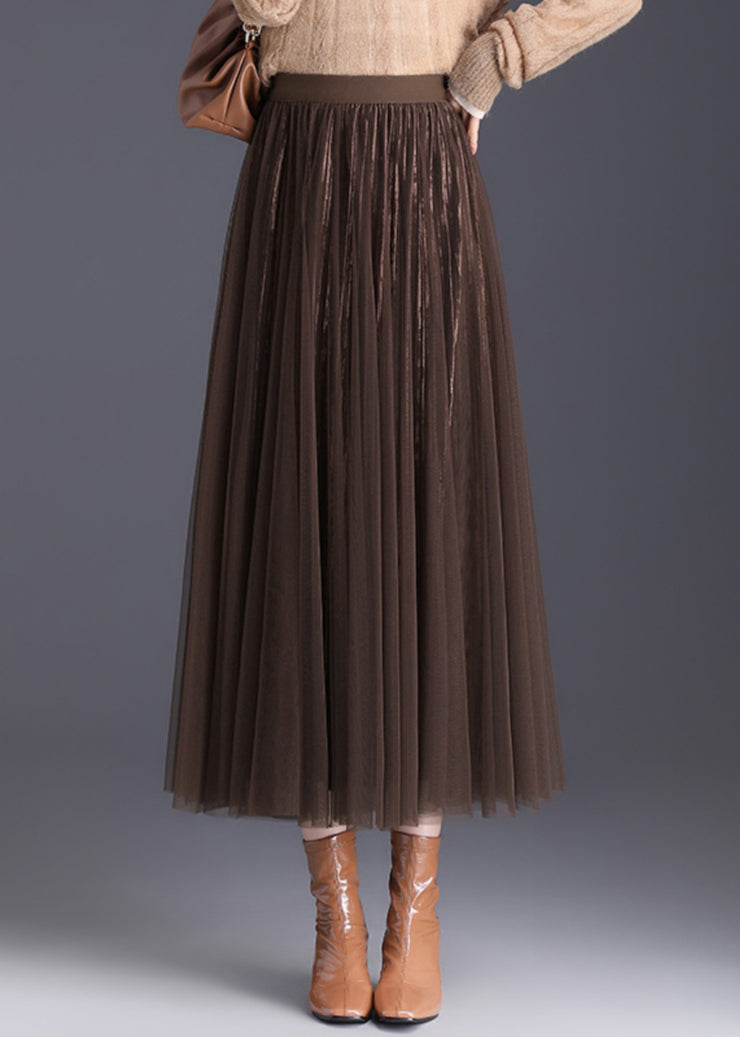 Simple Coffee Wrinkled Elastic Waist Tulle Skirts Spring