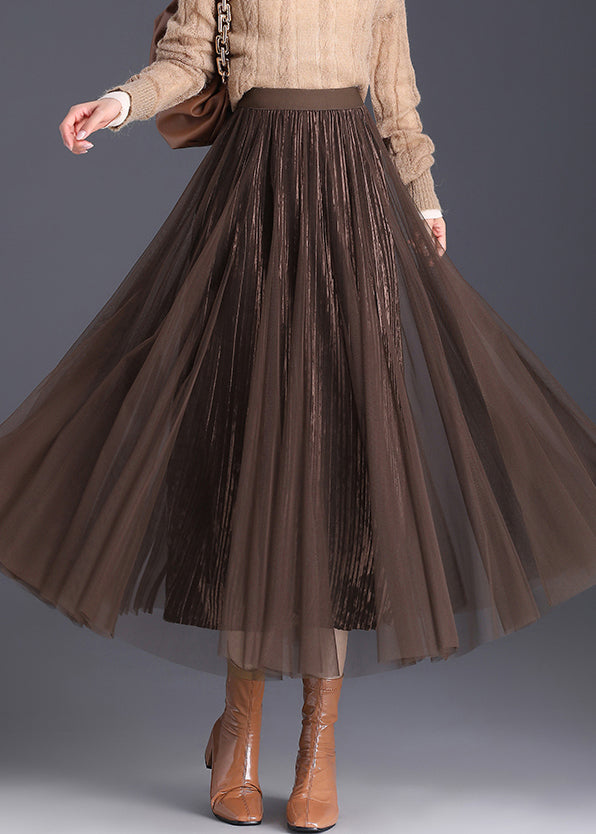 Simple Coffee Wrinkled Elastic Waist Tulle Skirts Spring