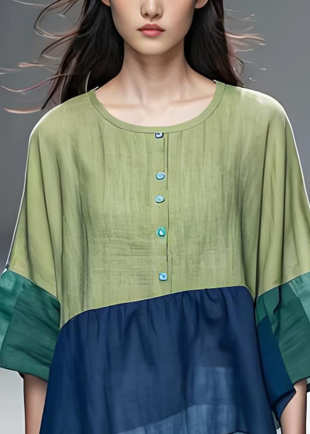 Simple Colorblock O Neck Patchwork Cotton Top Summer