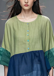 Simple Colorblock O Neck Patchwork Cotton Top Summer