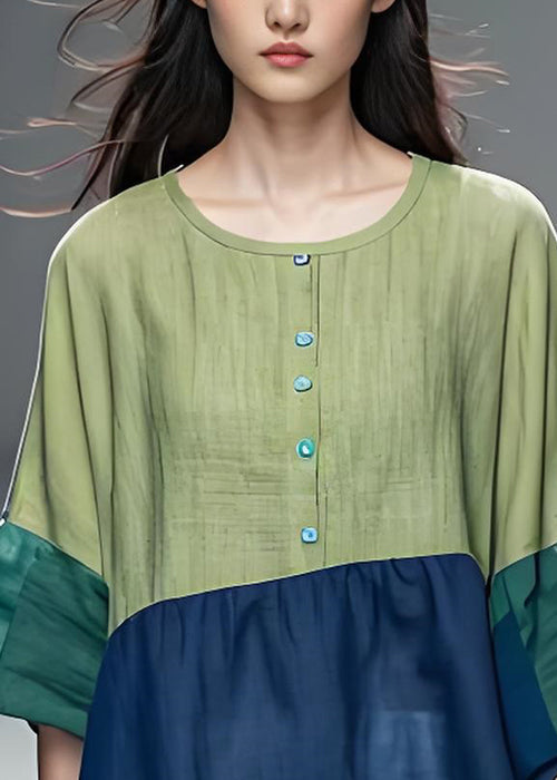 Simple Colorblock O Neck Patchwork Cotton Top Summer