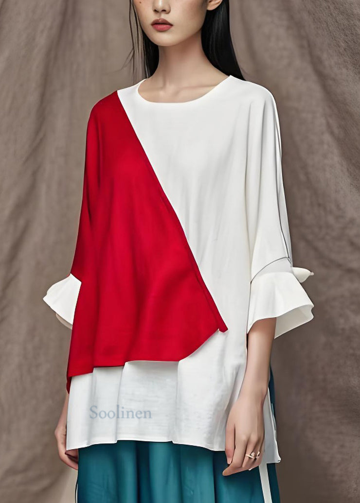Simple Colorblock O Neck Patchwork Cotton Tops Summer