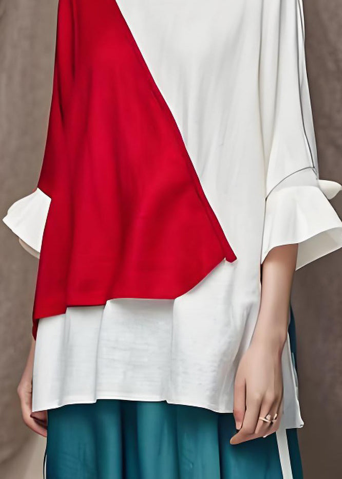 Simple Colorblock O Neck Patchwork Cotton Tops Summer