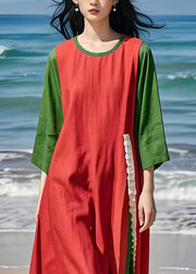 Simple Colorblock O Neck Ruffled Patchwork Cotton Dress Summer