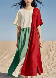 Simple Colorblock Oversized Patchwork Wrinkled Cotton Long Dresses Summer