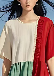Simple Colorblock Oversized Patchwork Wrinkled Cotton Long Dresses Summer