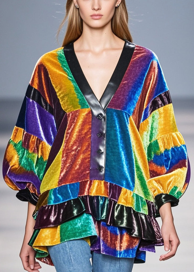 Simple Colorblock Ruffled Patchwork Silk Velour Shirt Tops Fall